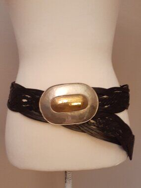 Chico's Braided Black Leather Belt with Gold-Silver Oval Buckle
